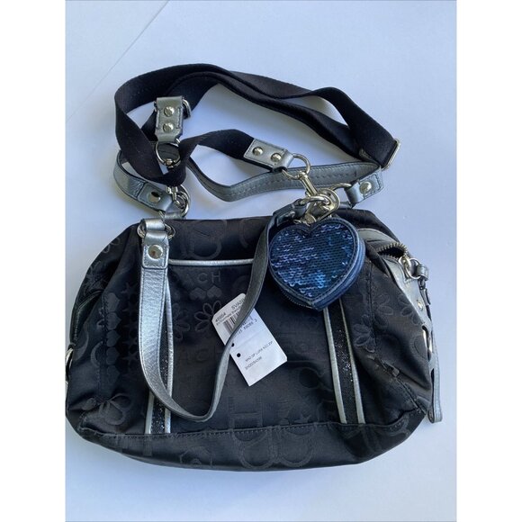 Vintage Y2K Coach Handbag Bag Black Gunmetal Satiny Print Glitter w/ Coin Heart - Picture 1 of 7